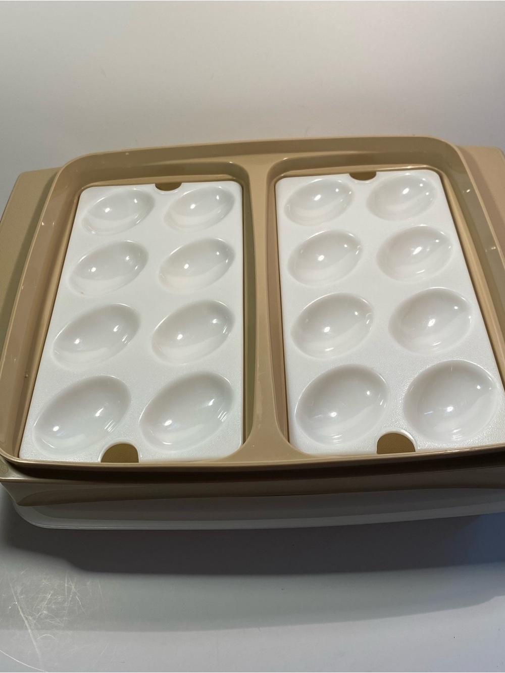 Vintage Tupperware Deviled Egg Carrier Keeper Set Almond Beige #723 4-Piece Set